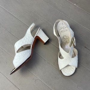 Vintage Lewis Designs White Ostrich Block Heel Slingback Sandals
